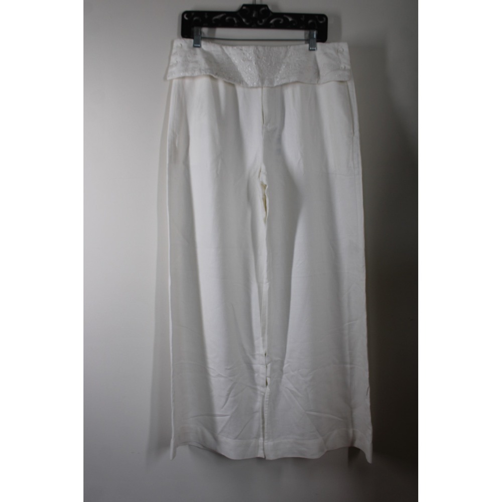 NWT Amii Redefine XXL 32" White Wide Leg Pants Linen Blend Embroidered Waistband
